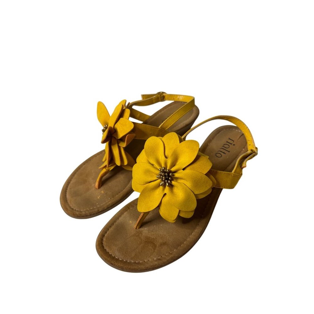 Rialto Galina Sandal Yellow Tan Size 6 Low Wedge Heel Buckle Ankle Strap Boho